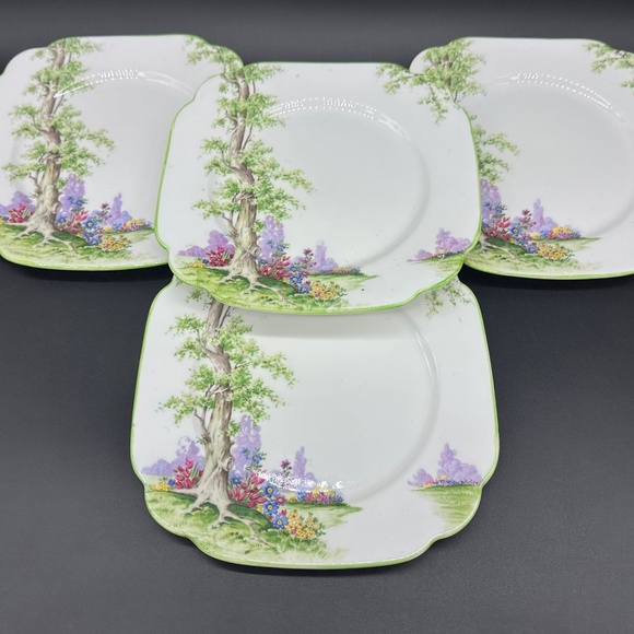 Royal Albert Greenwood Tree 6.75" Square Dessert Plates(4) Green trim - Picture 1 of 4